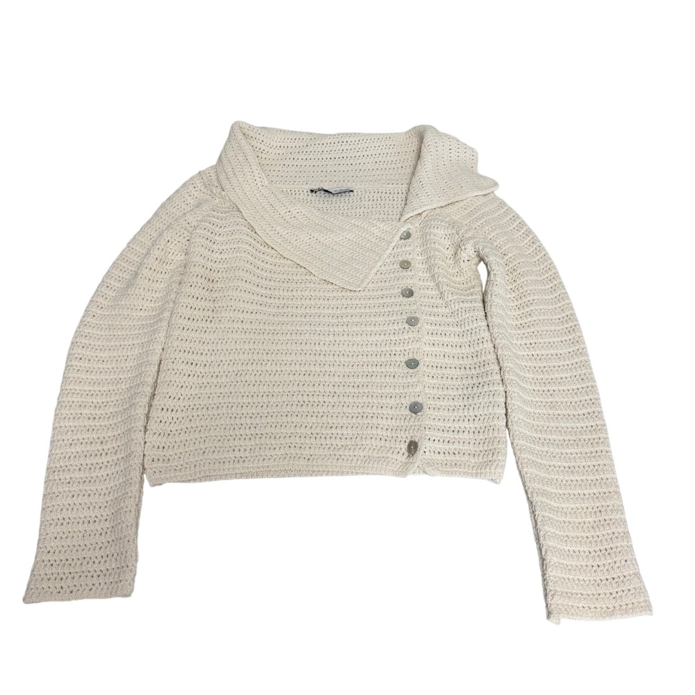 Zara Womens Cream Crochet Knit Asymmetrical Button Shawl Collar Cardigan Large